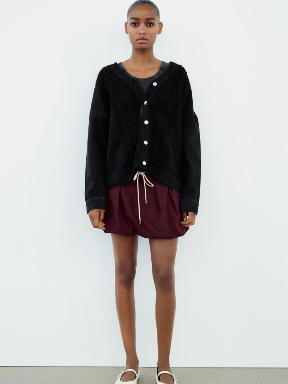 ZARA Large‎ Black Knit 100% Cotton Denim Cardigan Mixed Media Jacket